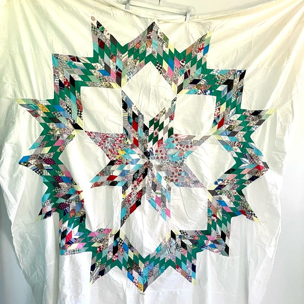 Vintage 40’s novelty feedsack cotton broken star quilt topper cutter quilt